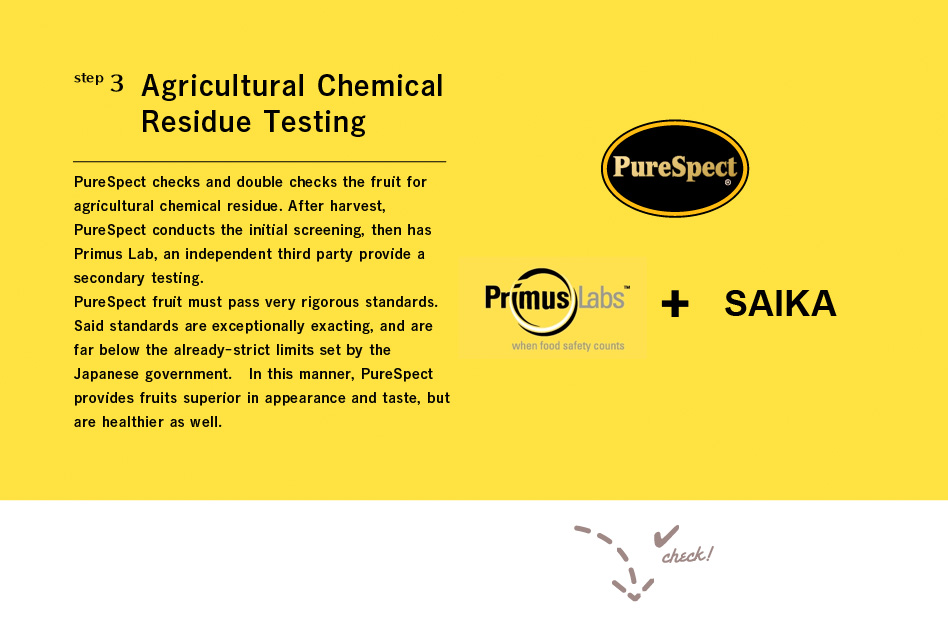 step3 Agricultural Chemical Residue Testing: PureSpect checks and double checks the fruit for agricultural chemical residue. After harvest, PureSpect conducts the initial screening, then has Primus Lab, an independent third party provide a secondary testing.
PureSpect fruit must pass very rigorous standards. Said standards are exceptionally exacting, and are far below the already-strict limits set by the Japanese government. In this manner, PureSpect provides fruits superior in appearance and taste, but are healthier as well.
